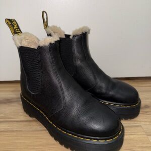 Dr. Martens Black Leather Chelsea Booties with Cream Shearling Collar